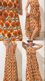 Aurora, el vestido largo boho-chic de 100% rayón, con lazos ajustables bajo el busto y detrás del cuello.