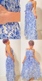 Aurora, el vestido largo boho-chic de 100% rayón, con lazos ajustables bajo el busto y detrás del cuello.