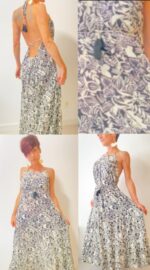 Aurora, el vestido largo boho-chic de 100% rayón, con lazos ajustables bajo el busto y detrás del cuello.